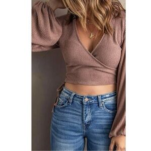 Brown Ribbed Wrap Top NWOT